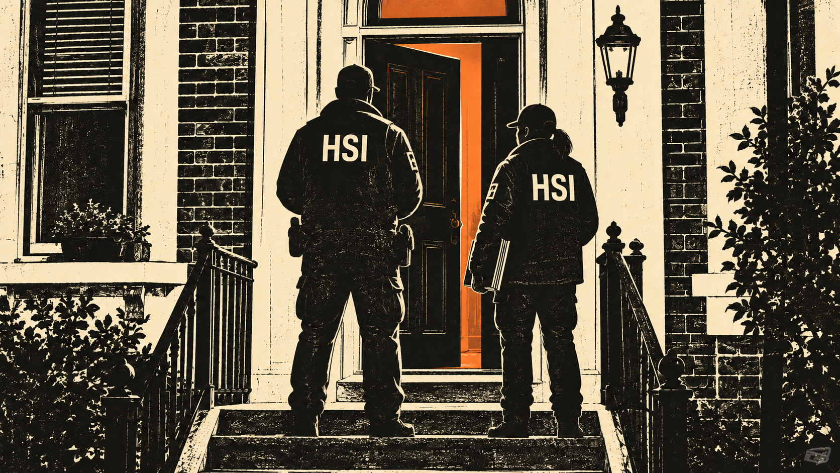 Two HSI agents stand at the doorway of a Washington rowhouse, illustrated in black and cream with orange light inside.