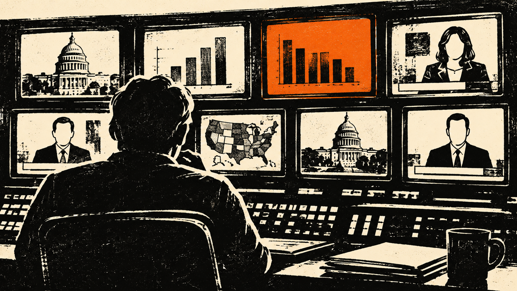 Black ink editorial illustration of a television broadcast control room, with one monitor accented in orange.