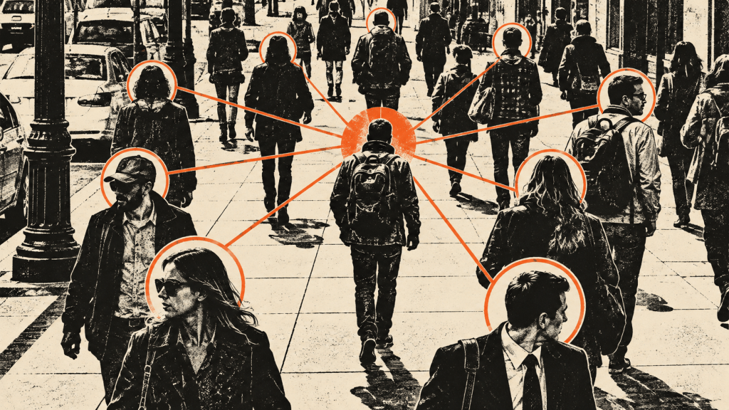 Black ink illustration of people walking on a city sidewalk, with orange circles and connecting lines mapping relationships among pedestrians.