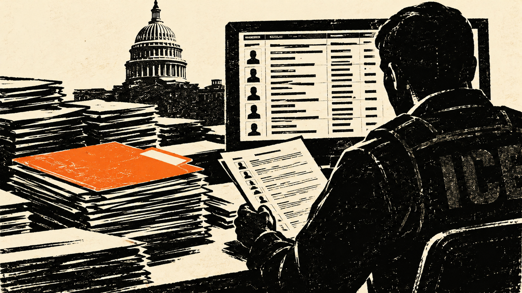 Black ink editorial illustration of voter registration files at a government desk