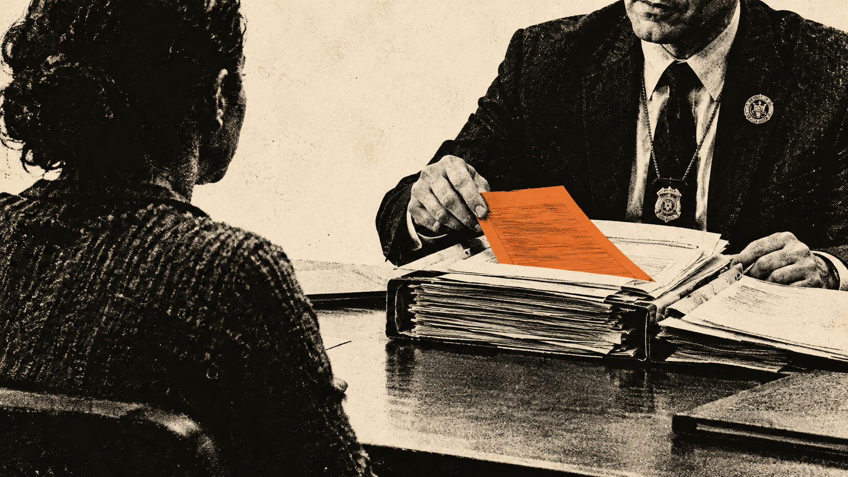 A naturalized citizen sits across from a federal official reviewing an old immigration file, with one document highlighted in burnt orange.