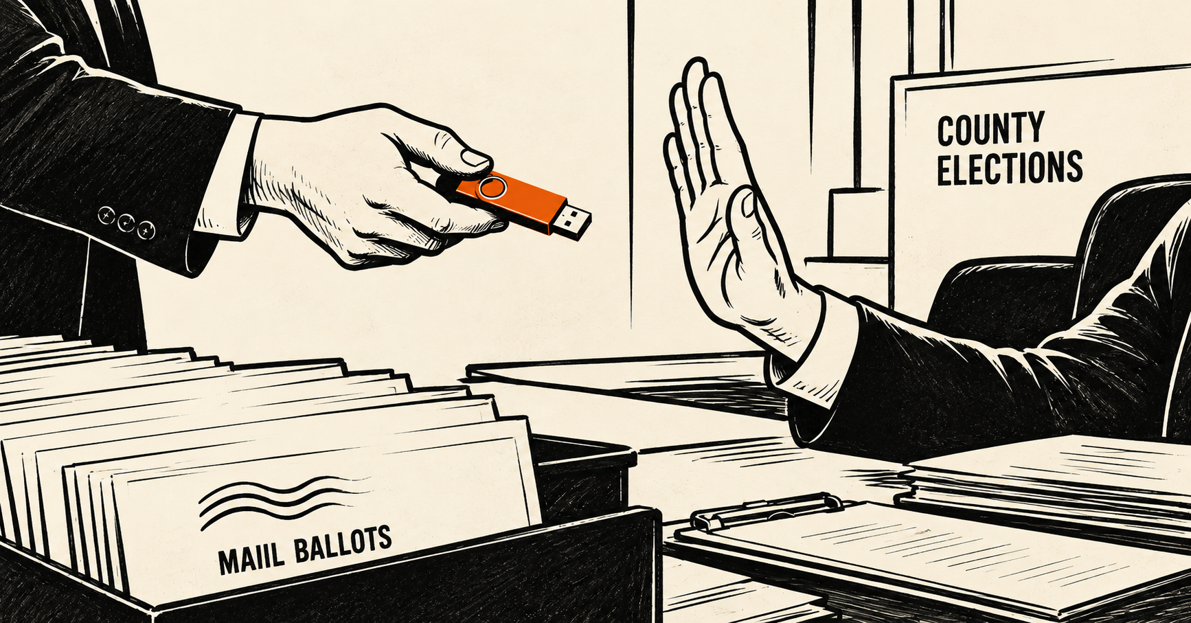Illustration of an official offering an orange thumb drive while a county elections official raises a hand to refuse it, with mail ballots on the desk.