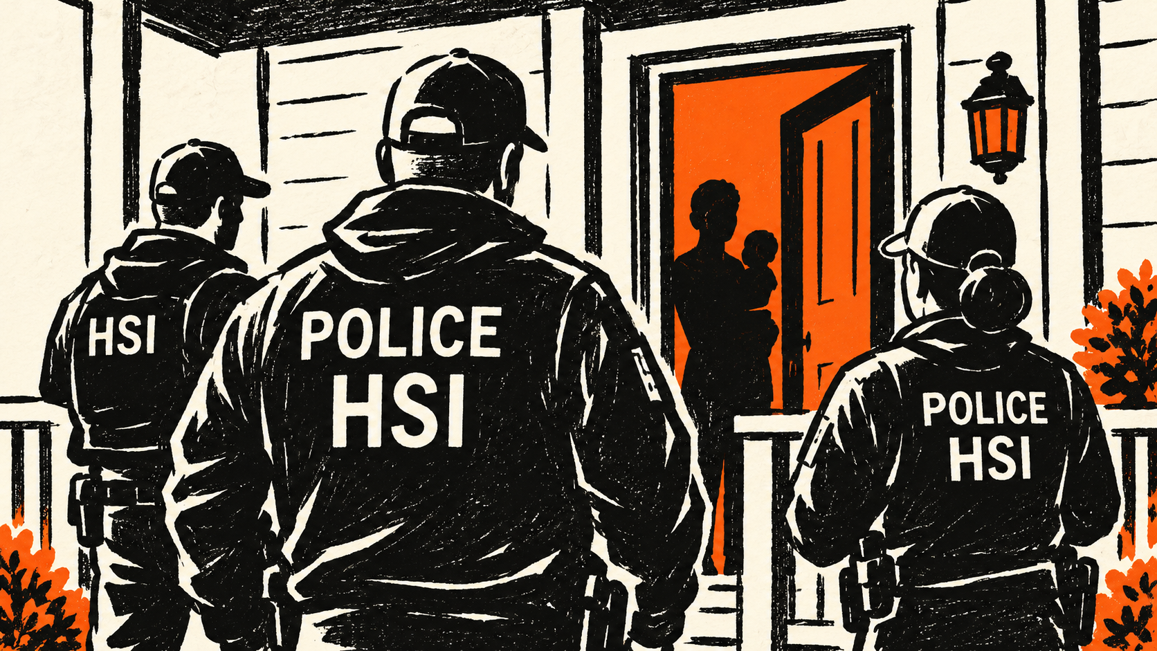 Ink illustration of three HSI officers at a home's doorway, where a resident and child stand in orange light.