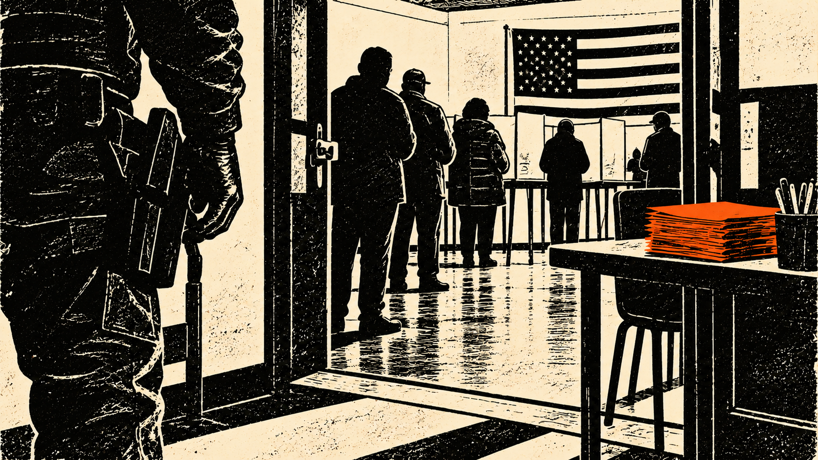 Voters at a polling place with a uniformed armed figure near the entrance, depicted in a black-and-cream woodcut with orange ballots.