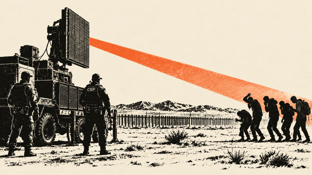 Editorial illustration of border agents beside a vehicle-mounted directed-energy device, with an orange symbolic beam reaching toward a group of people.