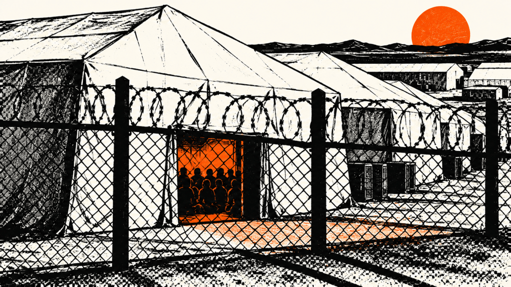 Black ink illustration of detention tents behind razor wire, with silhouettes crowded inside an orange-lit doorway.